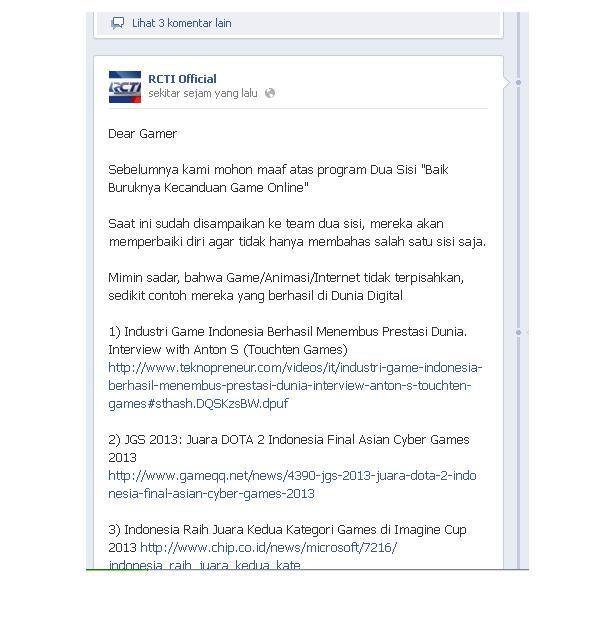 (HOT) Fanpage FB RCTI Official Minta Maaf kpd GAMERS