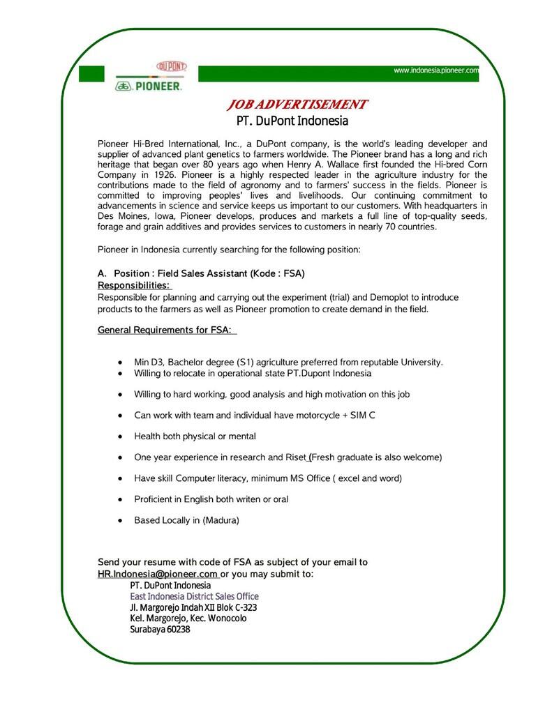 Lowongan Kerja di PT. DuPont Indonesia - Pioneer as FIELD SALES ASSISTANT