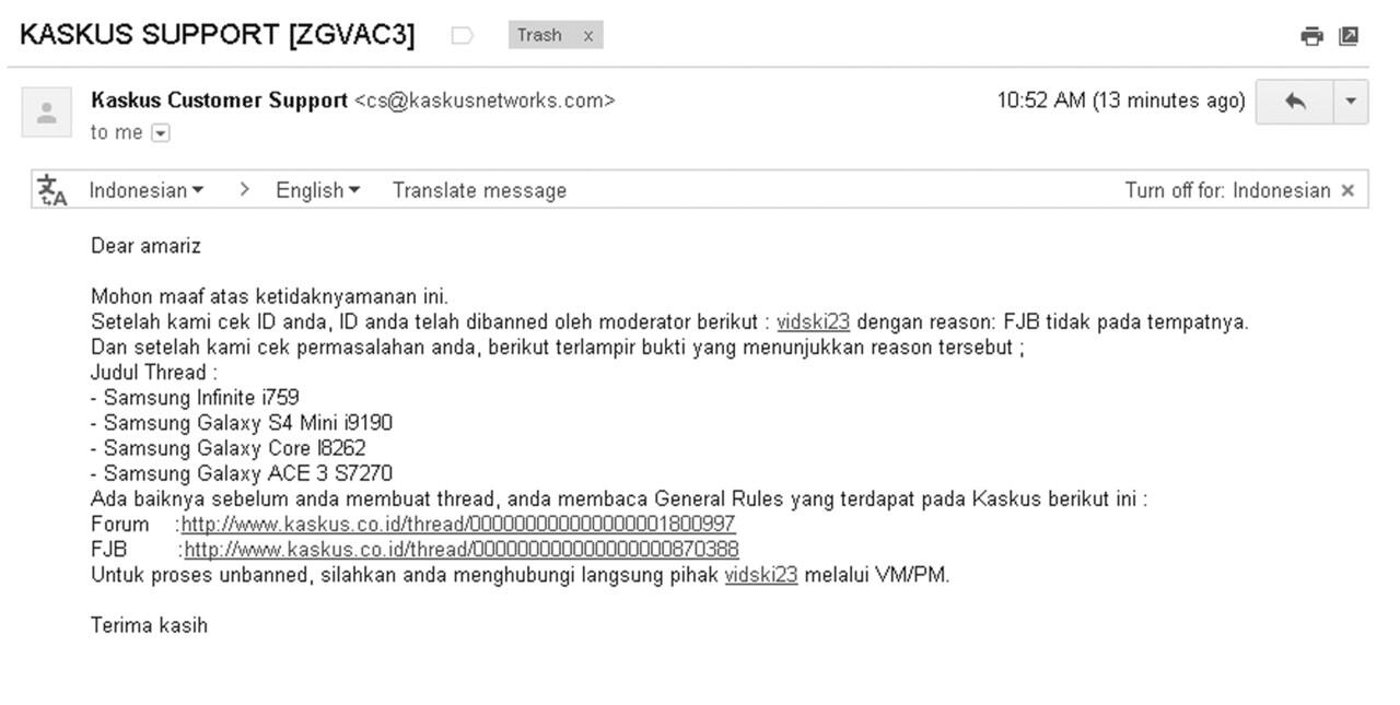 Dapet email dr kaskus support, ID ane bisa di un banned
