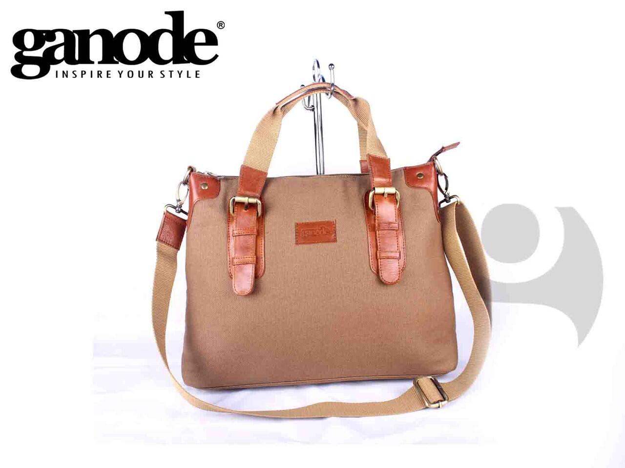Tas Kerja Wanita Canvas Mix Kulit Asli + Tempat Laptop 14" - Caroline Brown