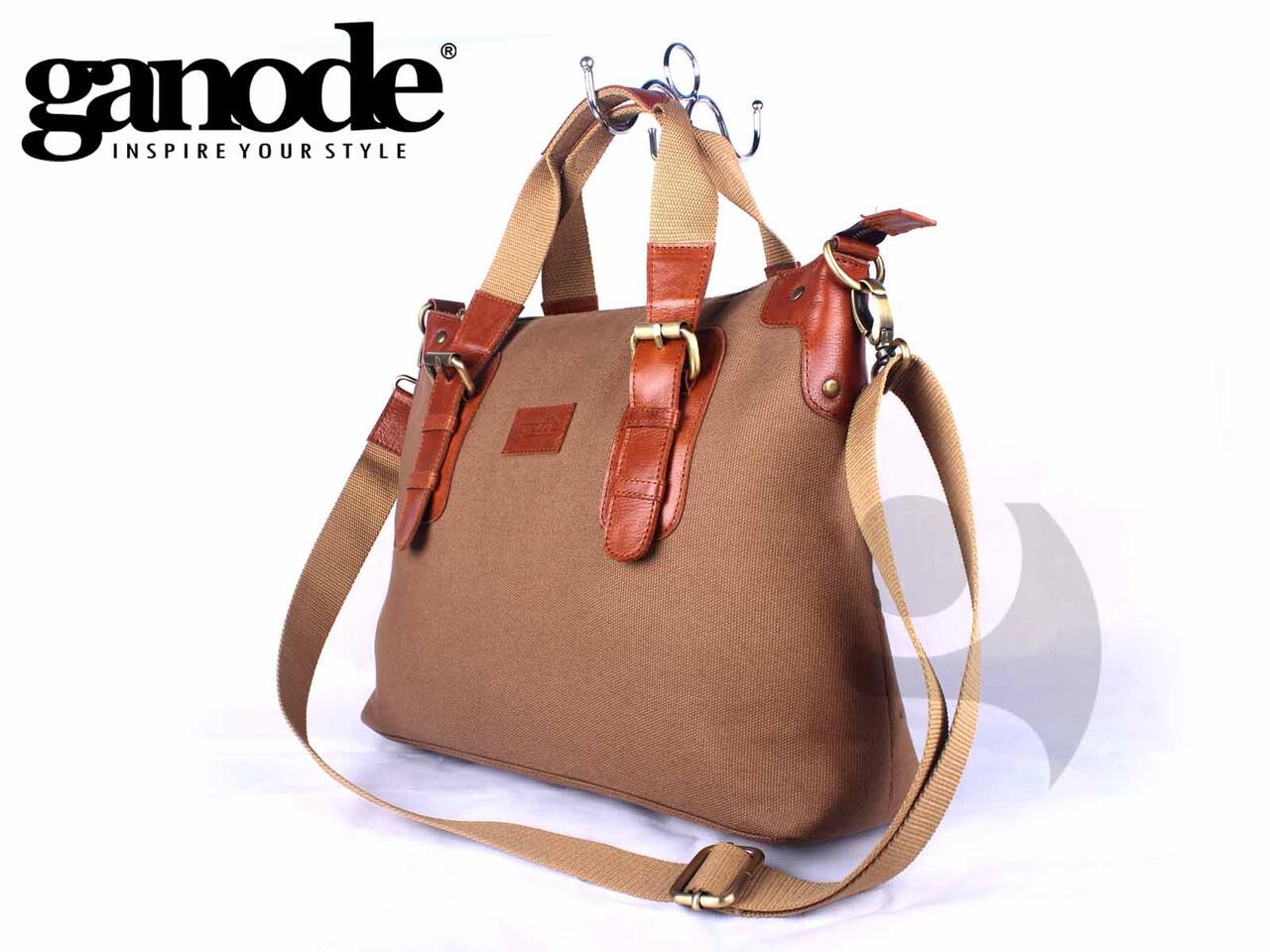 Tas Kerja Wanita Canvas Mix Kulit Asli + Tempat Laptop 14" - Caroline Brown