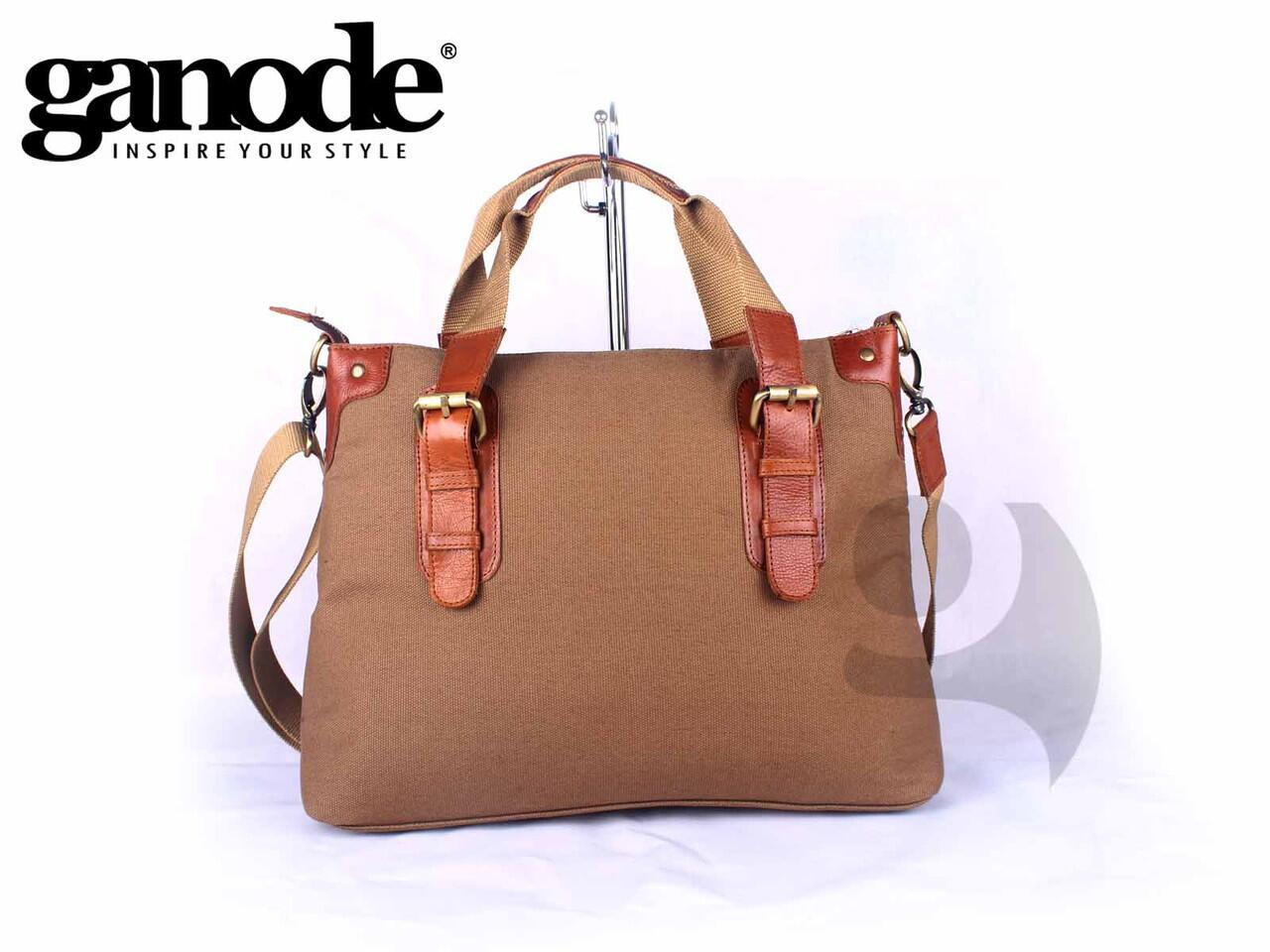 Tas Kerja Wanita Canvas Mix Kulit Asli + Tempat Laptop 14" - Caroline Brown