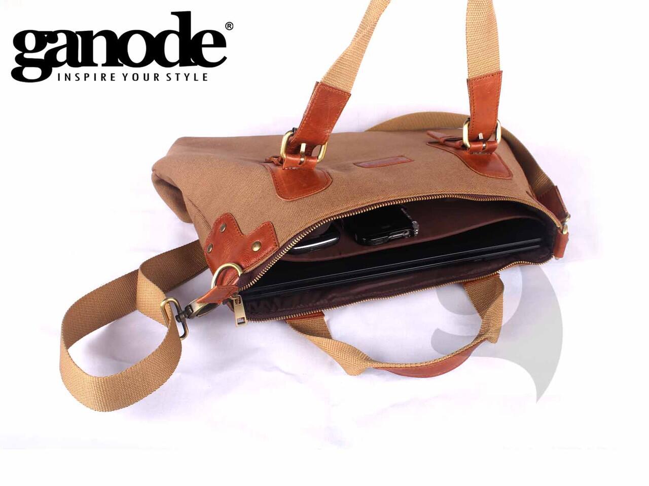 Tas Kerja Wanita Canvas Mix Kulit Asli + Tempat Laptop 14" - Caroline Brown