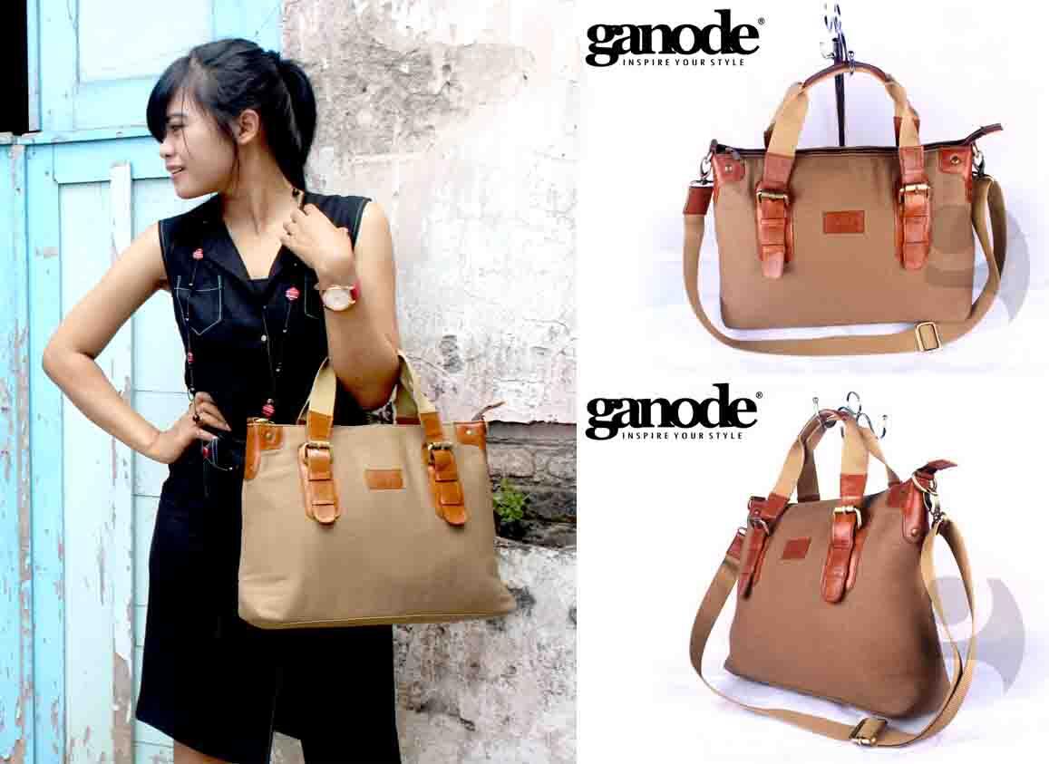 Tas Kerja Wanita Canvas Mix Kulit Asli + Tempat Laptop 14" - Caroline Brown
