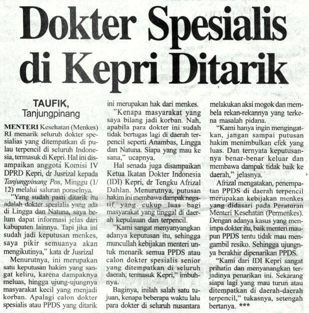 Dokter Spesialis di Kepri Ditarik