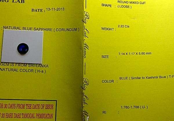 Bule Shappire Sim to Kashmir, 2.22 crt, MEMO BIG
