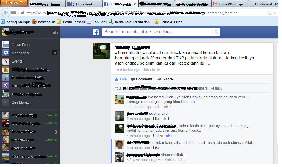 Alhamdulillah... Temen FB ane selamet dari kecelakaan maut di Bintaro