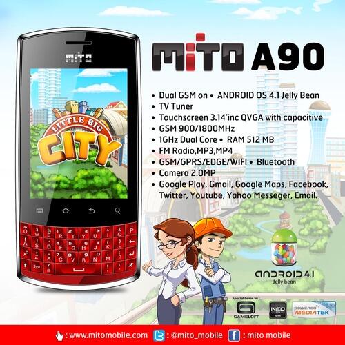 (Official Longue) Mito A90 Android 4.1 Dual Core Qwerty + TV 500Ribuan