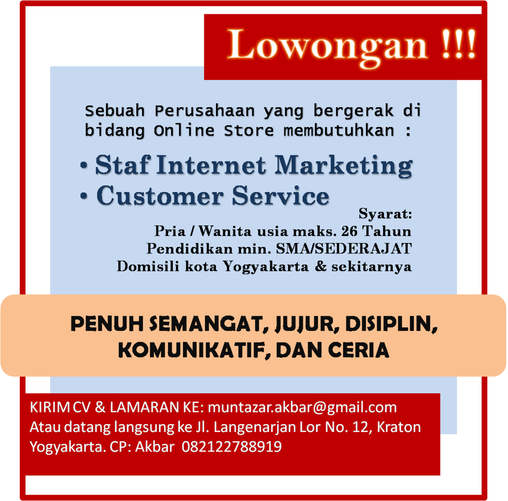 &#91;JOGJA&#93; Cari Staf Internet Marketing &amp; Customer Service