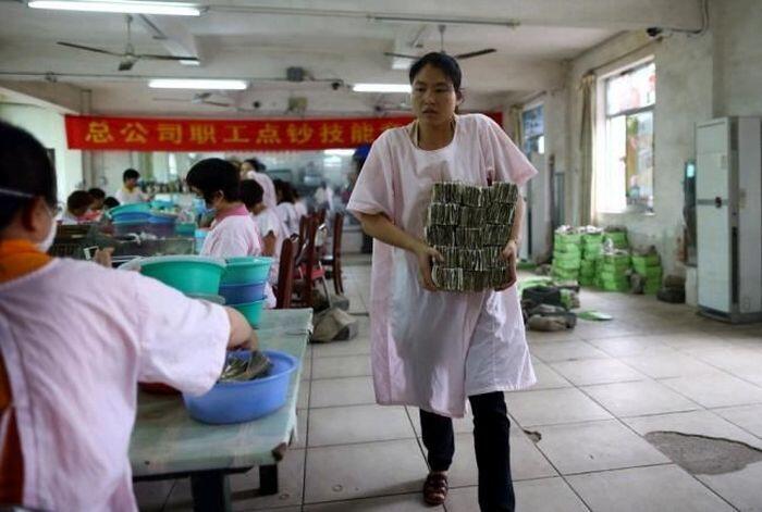 Potret Ratusan Pekerja di China Menghitung Duit pengankutan bus.