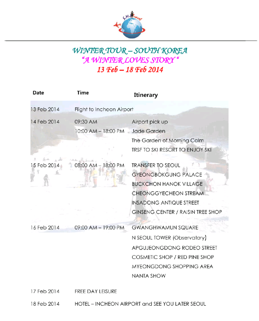 KOREA WINTER TOUR 2014 HANYA USD465, 10 SEATS LEFT