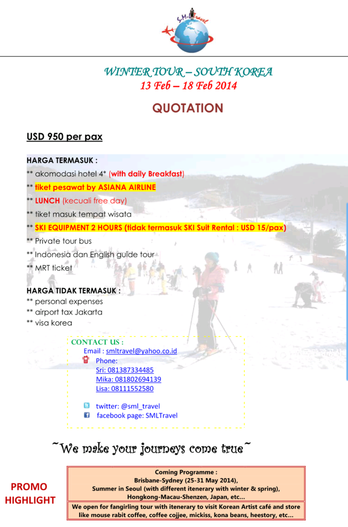 KOREA WINTER TOUR 2014 HANYA USD465, 10 SEATS LEFT