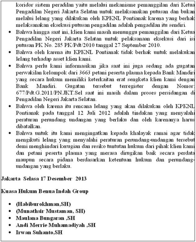 BANTAHAN ATAS RENCANA LELANG ASET PT.BENUA INDAH GROUP BERUPA PEKERBUNAN SAWIT OLEH
