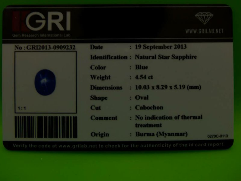 Blue Sapphire / Saphire / Safir Star Birma With Memo