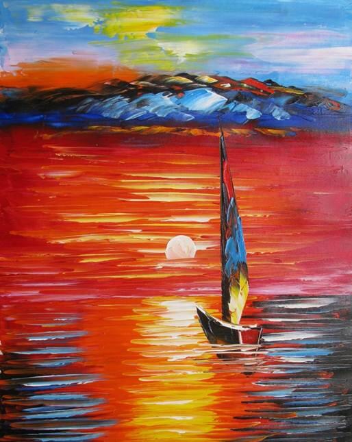 Terjual Lukisan  Cat  Minyak Oil Painting Sailing at Sunset  