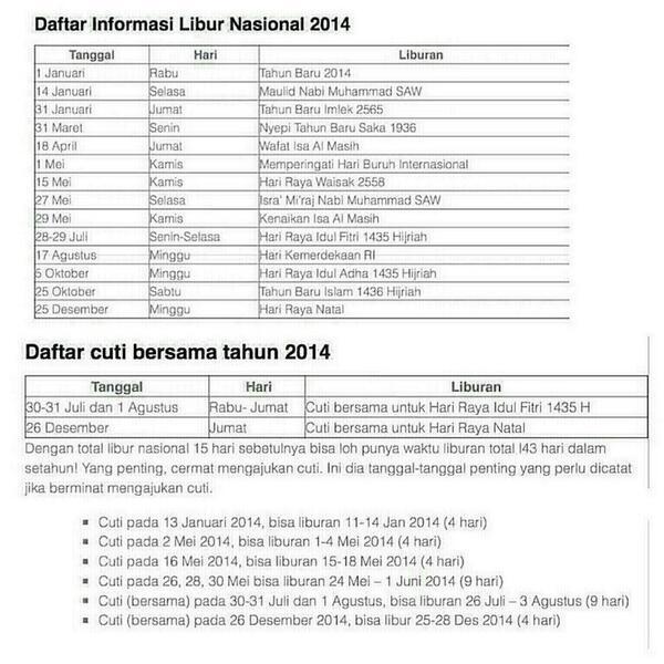 PENTING : Daftar Informasi Libur Nasional dan Cuti Bersama 2014