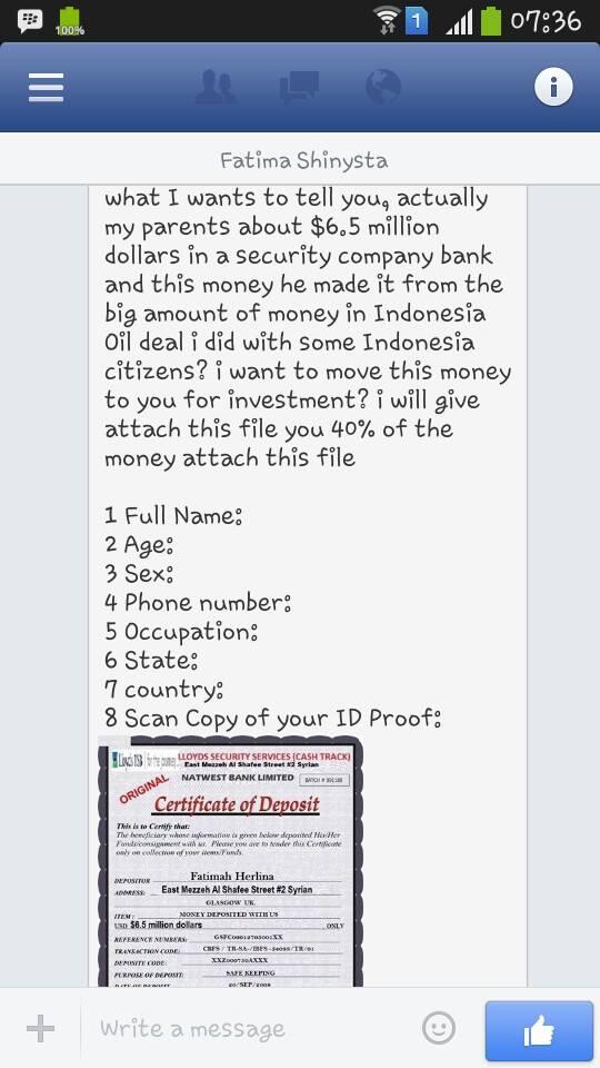 PENIPUAN VIA MESSAGE FACEBOOK