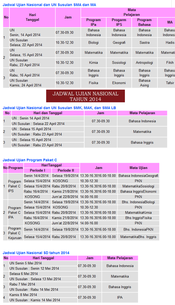 Jadwal Ujian Nasional 2014 + Trick Sukses Ujian
