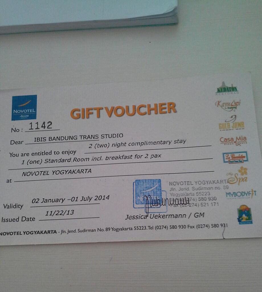 VOUCHER HOTEL NOVOTEL YOGYAKARTA 2 NIGHT PERIODE 2 JANUARI S/D 1 JULI'14..