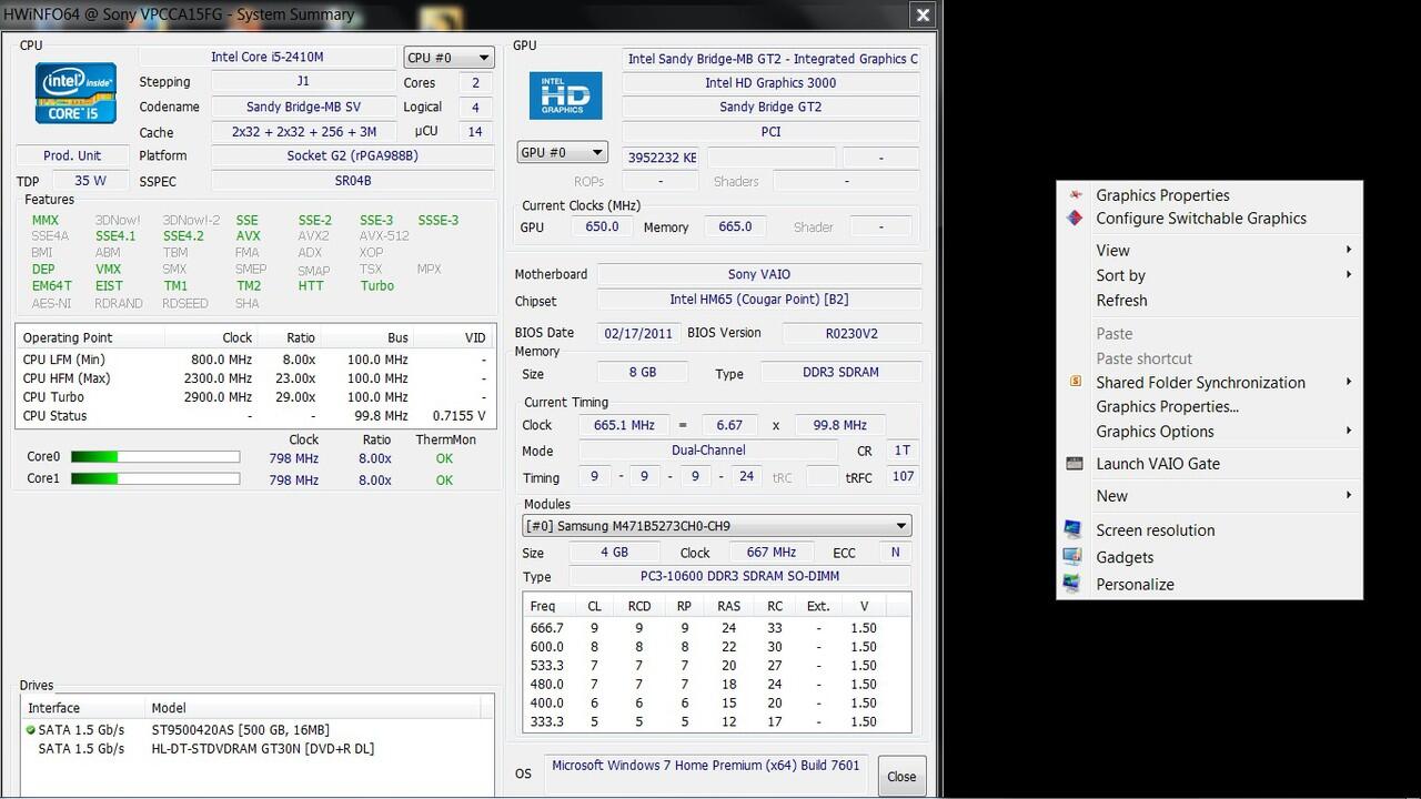 Sony Vaio PCG-61711W, Core i5, ram 8GB, Hdd 500, double VGA intel HD 3000 + ATI 6630M