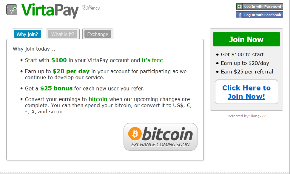 VIRTAPAY!!! Sign UP Langsung dapat $100. Bisa ditukar ke BTC (on-process)