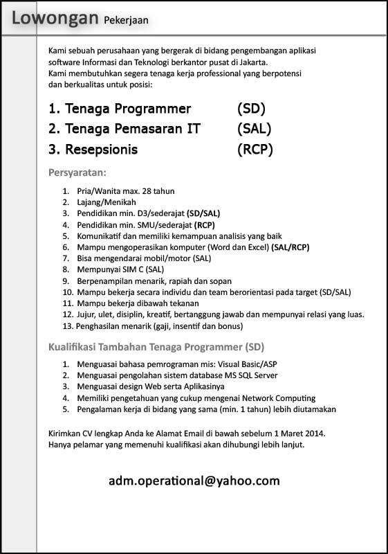 Lowongan Kerja Programmer, Pemasaran IT dan Resepsionis