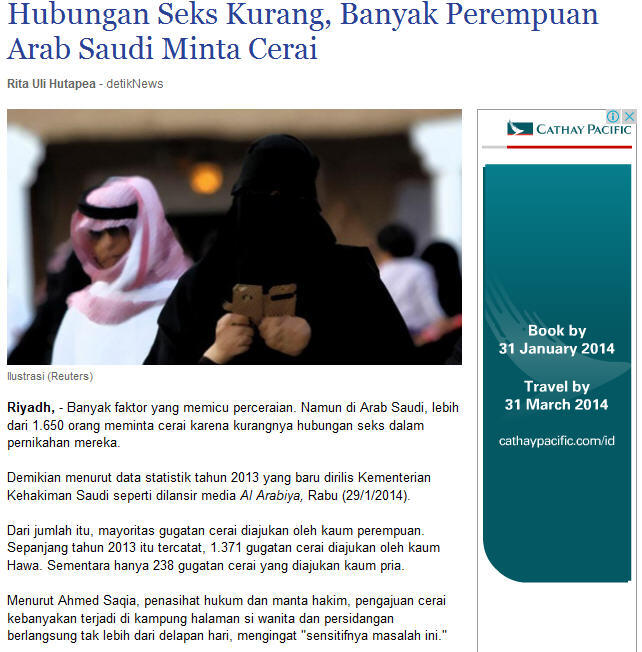 (nggak puas) Hubungan Seks Kurang, Banyak Perempuan Arab Saudi Minta Cerai