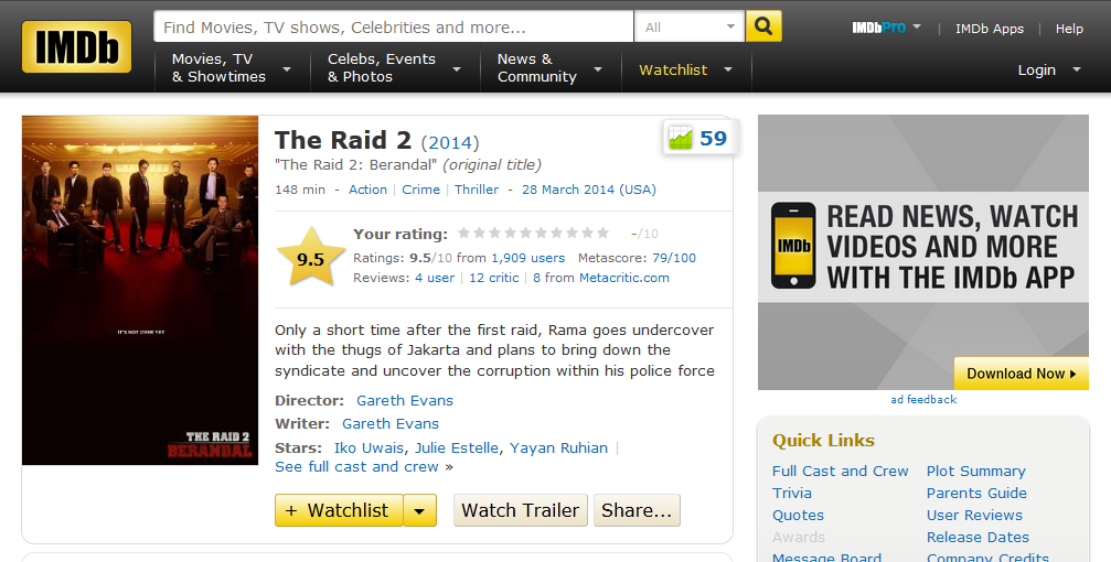 BELUM DIRILIS RESMI , RATING THE RAID 2 : BERANDAL SUDAH MENEMBUS 9.5