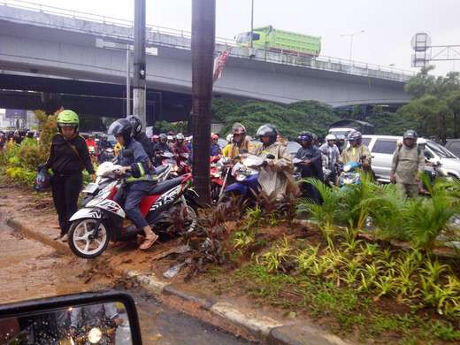 Hindari Banjir , Pemotor Merusak Taman 