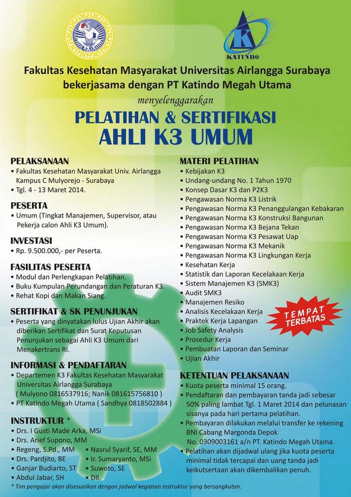 Pelatihan &amp; Sertifikasi Ahli K3 Umum, SUrabaya 4-13 Maret 2014