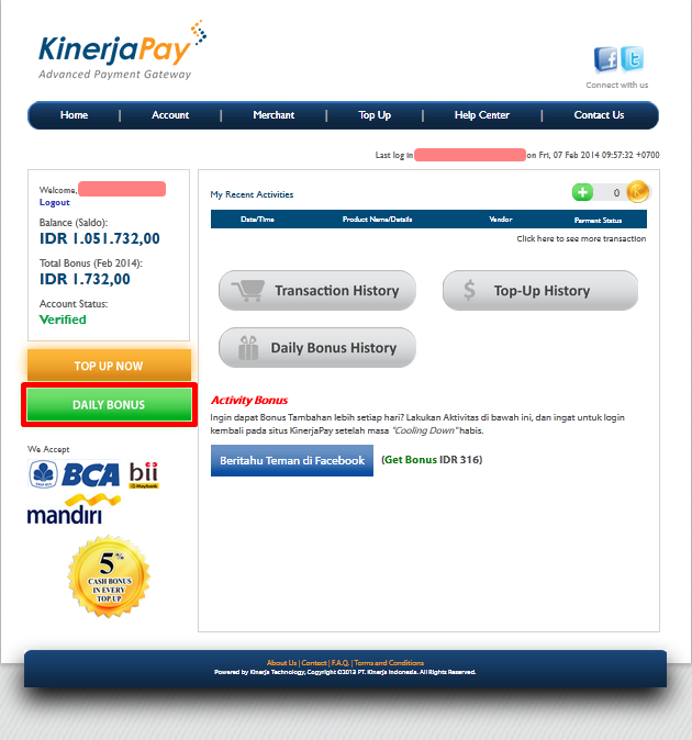 Cara klaim BONUS setiap hari di KINERJAPAY.COM