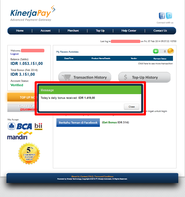 Cara klaim BONUS setiap hari di KINERJAPAY.COM