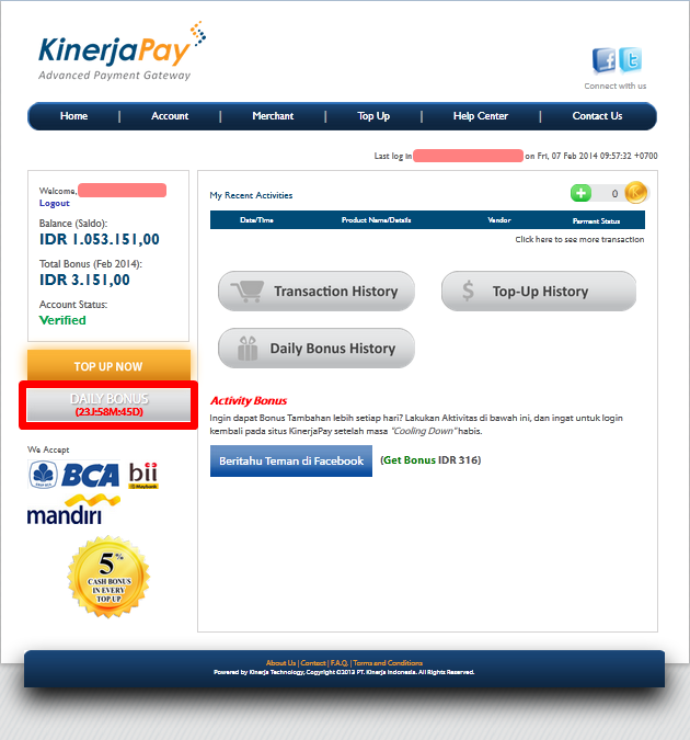 Cara klaim BONUS setiap hari di KINERJAPAY.COM