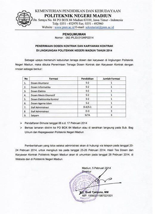 PENERIMAAN DOSEN KONTRAK DAN KARYAWAN KONTRAK DI LINGKUNGAN POLITEKNIK NEGERI MADIUN