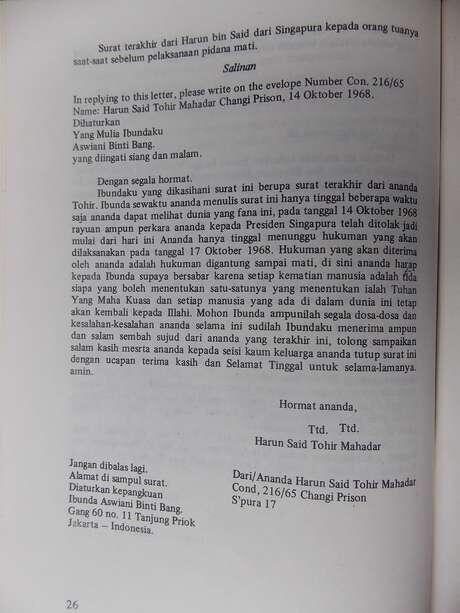 Ini Isi Surat Terakhir Harun Sebelum Dihukum Gantung di Singapura