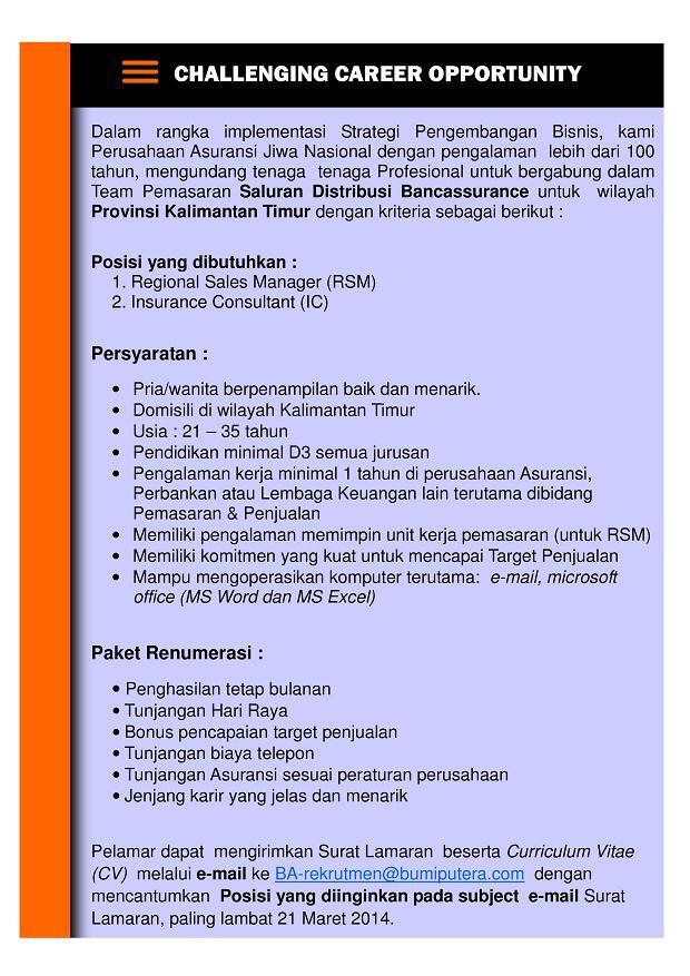 &#91;Kalimantan Timur&#93; Insurance Consultant dan Regional Sales Manager