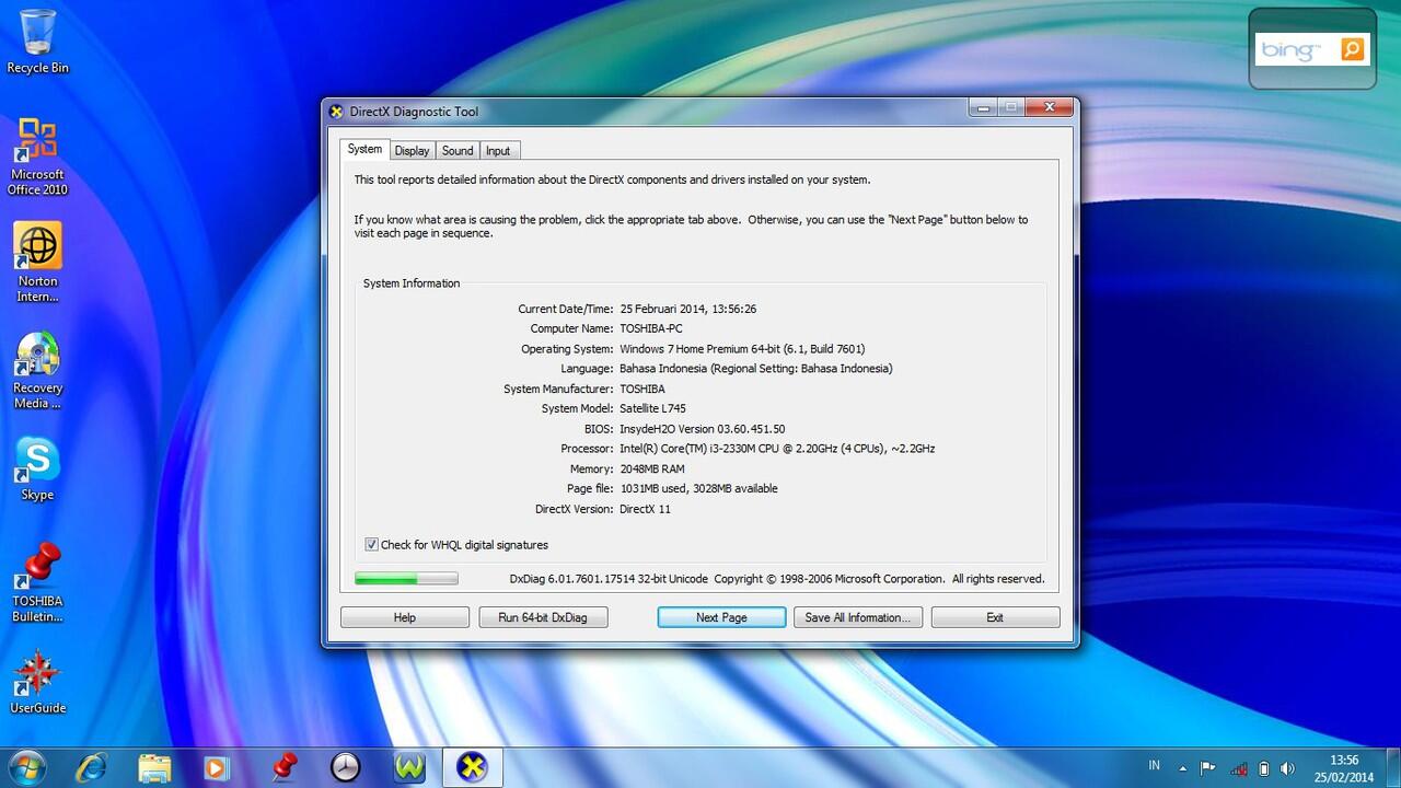 Laptop TOSHIBA L745 Core i3 / 640GB / NVIDIA 1GB Dedicated WINDOWS ORI
