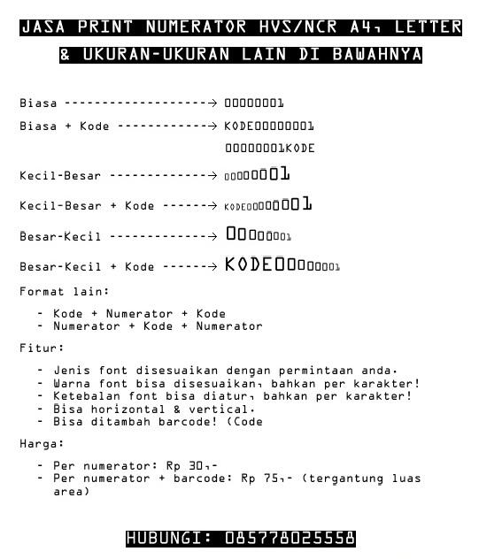 Jasa Print/Cetak Numerator + Barcode Inkjet HVS/NCR Unik & Variatif (max. A4/Letter)