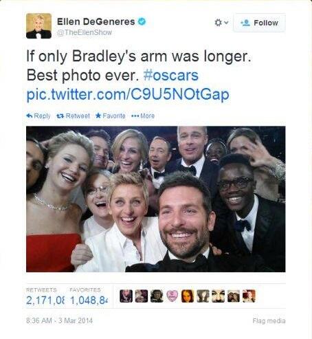 Foto 'selfie' Oscar tembus rekor Twitter