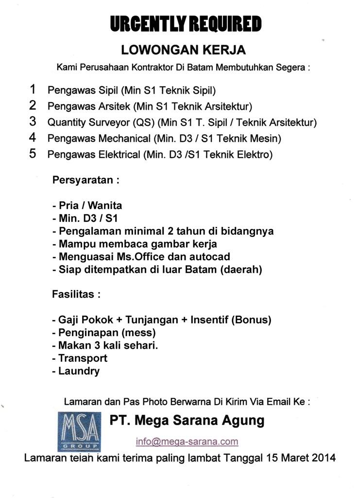 &#91; Batam &#93; &#91; 6 Maret 2014 &#93; Share lowongan kerja Batam