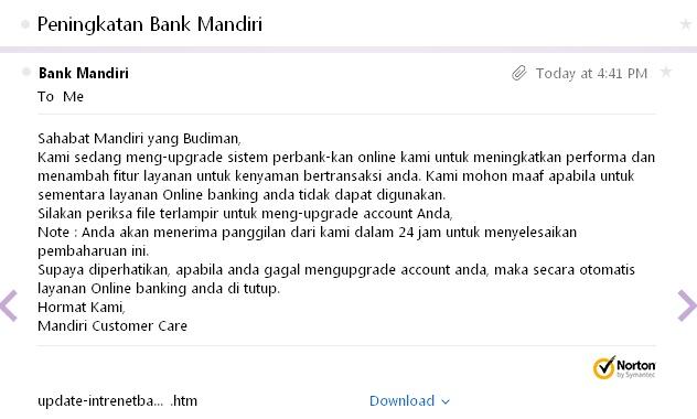 PENIPUAN VIA EMAIL YANG MENGATASNAMAKAN BANK MANDIRI