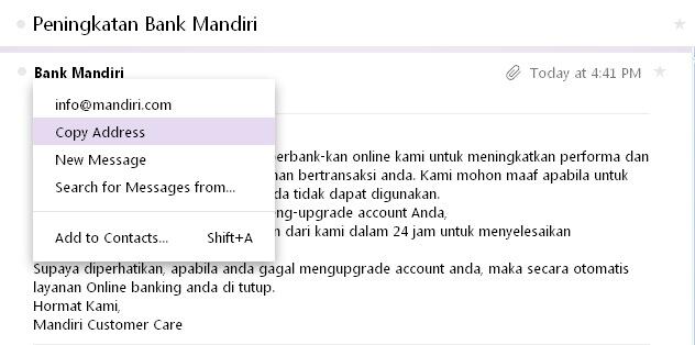 PENIPUAN VIA EMAIL YANG MENGATASNAMAKAN BANK MANDIRI