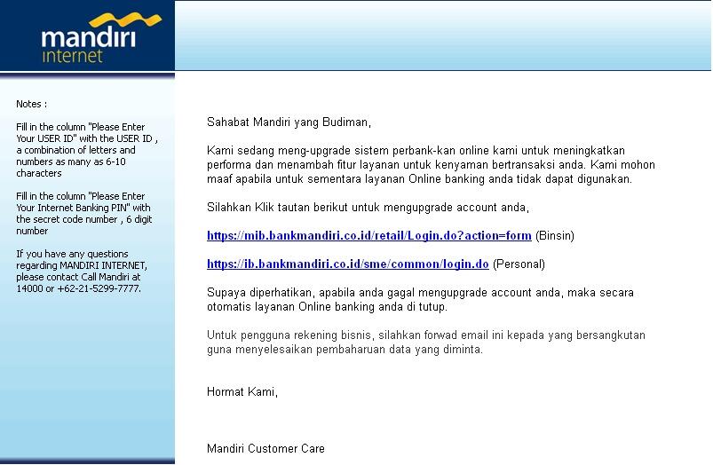 PENIPUAN VIA EMAIL YANG MENGATASNAMAKAN BANK MANDIRI