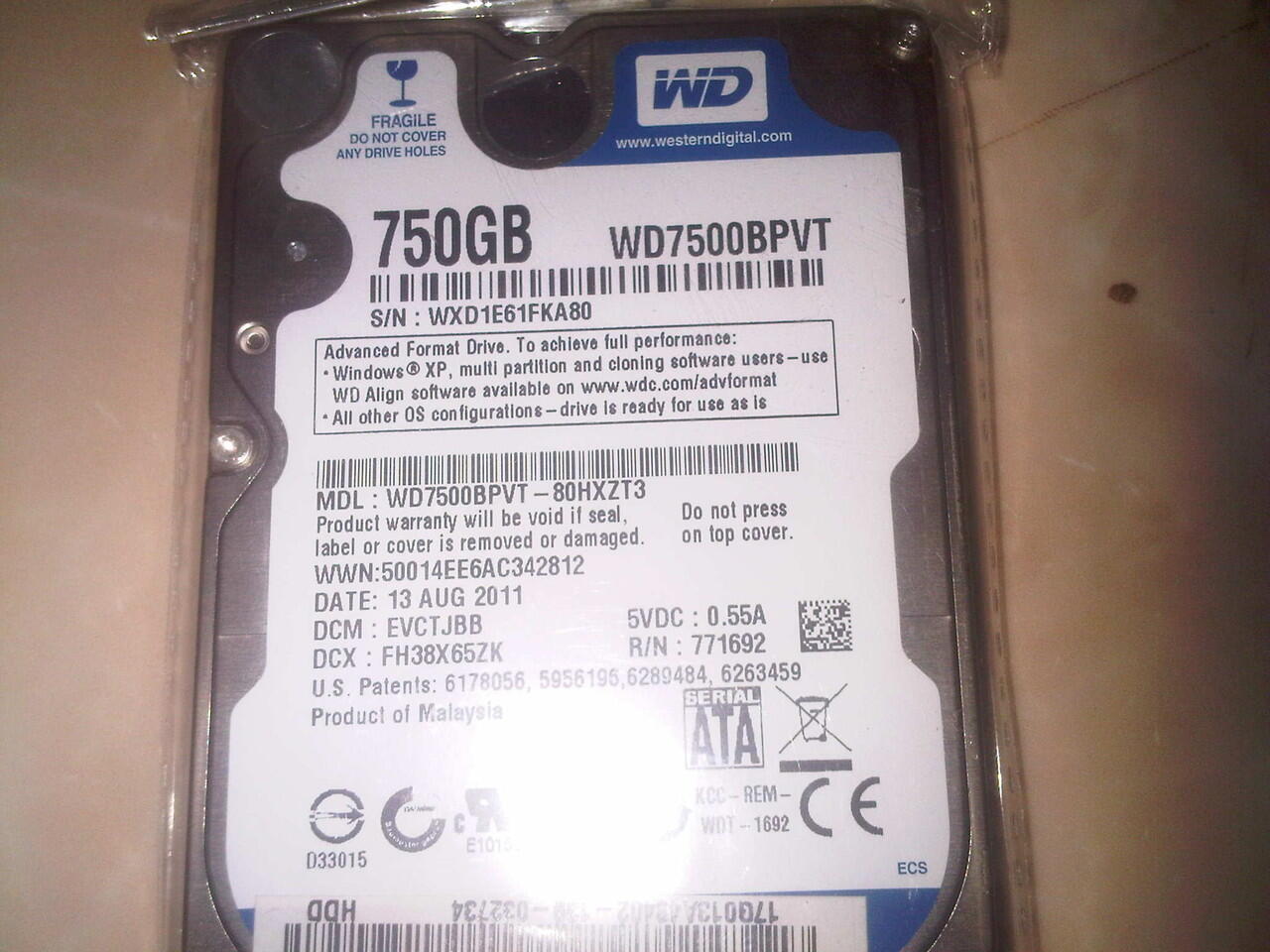 JUAL HARDISK LAPTOP 750GB merk WD-cengkareng