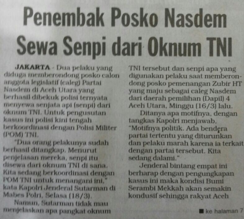 Pelaku Teror di Aceh gunakan senjata milik anggota TNI