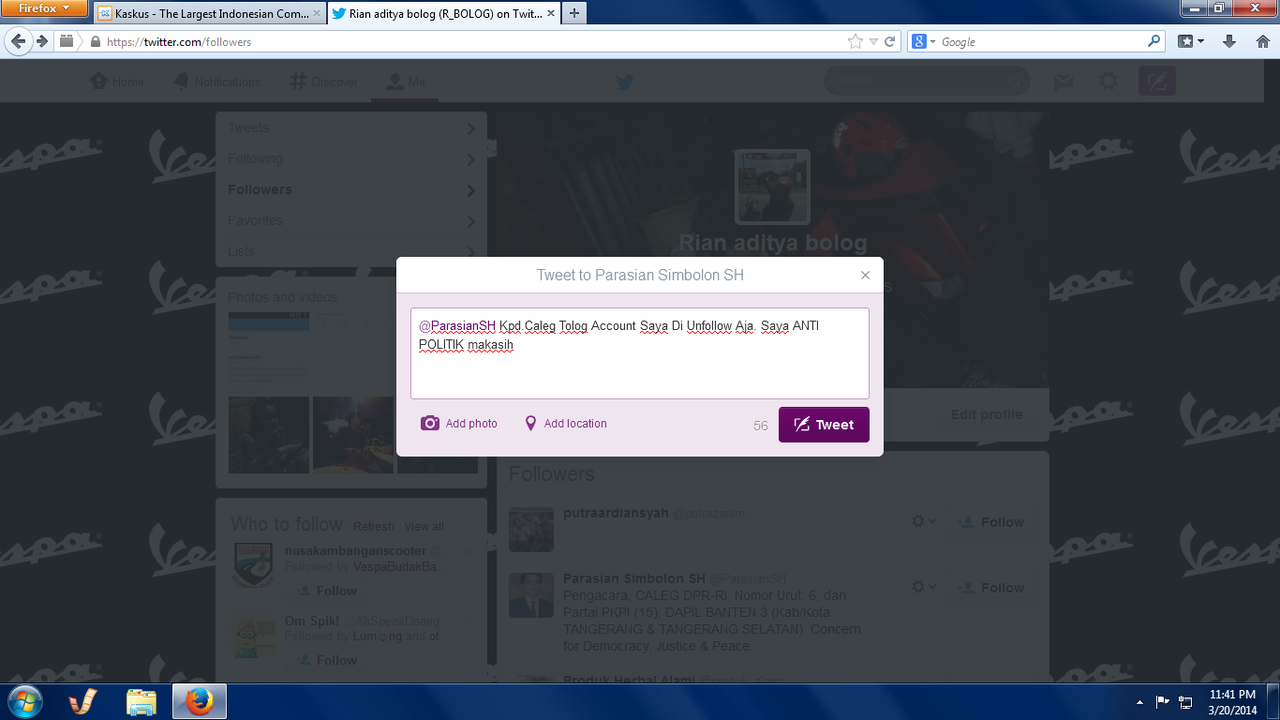 Dan ane mention lah si twitter si caleg yg follow ane. karena ane ngga doyan politik