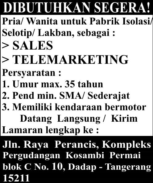 DiButuhkan Banyak Sales dan Telemarketing gan, min.SMU sudah bisa diterima :2thumbup