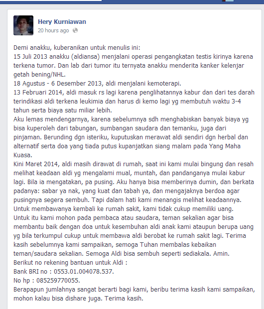Aldiansa seorang anak 7 tahun mengidap kanker getah bening dan (diduga) leukimia
