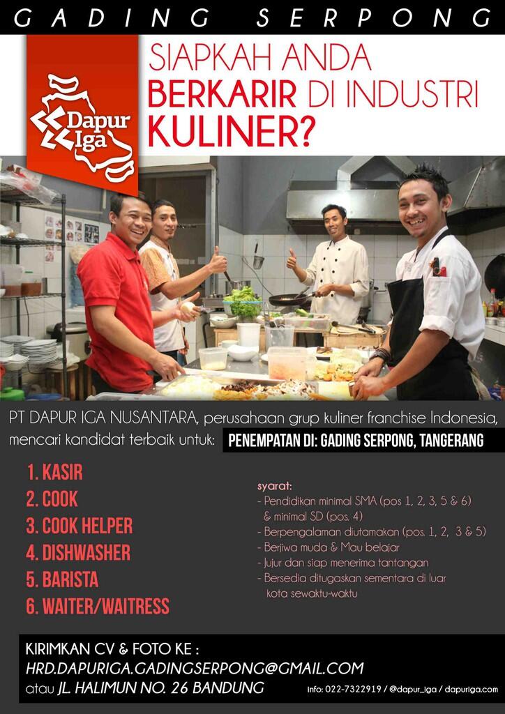 &#91;SERPONG&#93; Kasir, Cook/Helper, Bar, Dishwasher, Waiter/ss di DAPUR IGA GADING SERPONG