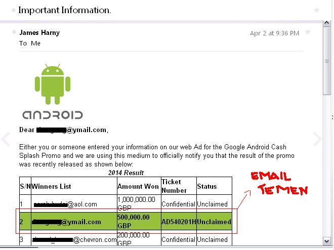 &#91;ASK&#93; Temen ane dapet hadiah £ 500.000 dari Android, beneran gak??